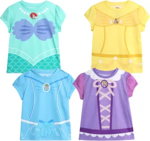 Disney Princess Ariel Rapunzel Belle Cinderella Minnie Mouse Girls Shirts - 4 Pack Girls T Shirts for Toddler & Little Girls