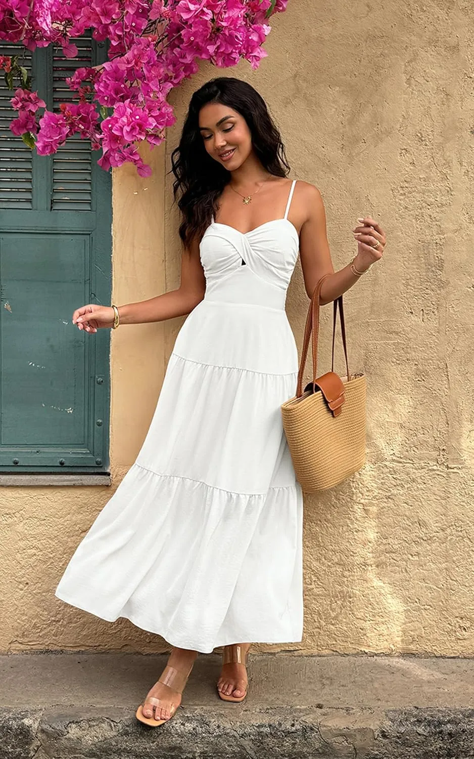 ECOWISH Women's Summer Strapless Maxi Dress 2025 Off Shoulder Hollow Out Smocked A Line Tube Tiered Long Dresses