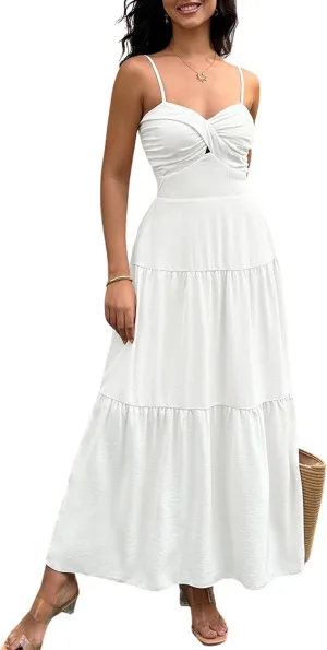 ECOWISH Women's Summer Strapless Maxi Dress 2025 Off Shoulder Hollow Out Smocked A Line Tube Tiered Long Dresses