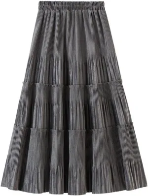 Fleece Pleated Long Skirt for Women Autumn Winter Vintage Casual Solid All-Match A Line High Waist Midi Skirt