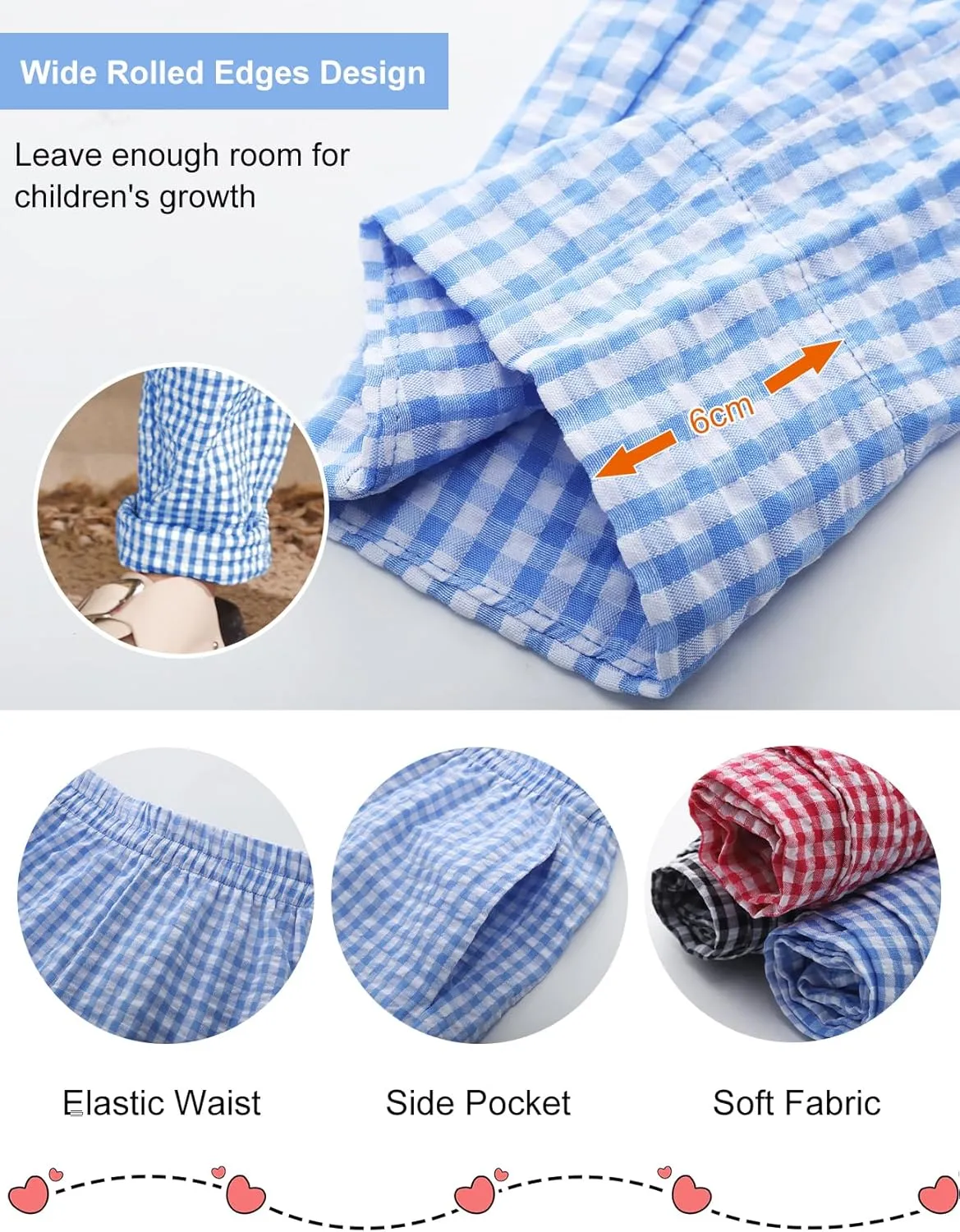 Flygo Girls Plaid Wide Leg Pants Gingham Elastic Waist Trousers Cute Print Bottoms with Slant Pockets