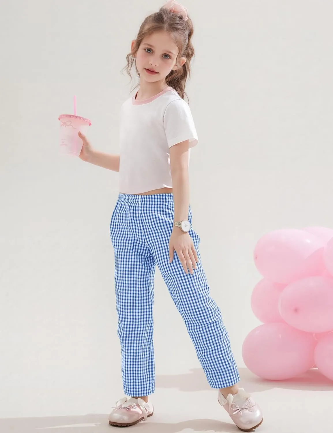 Flygo Girls Plaid Wide Leg Pants Gingham Elastic Waist Trousers Cute Print Bottoms with Slant Pockets