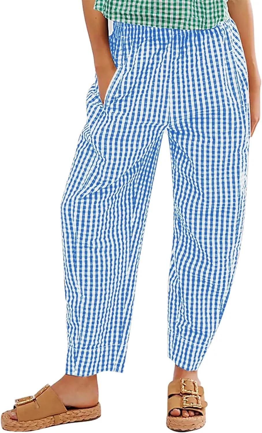 Flygo Girls Plaid Wide Leg Pants Gingham Elastic Waist Trousers Cute Print Bottoms with Slant Pockets