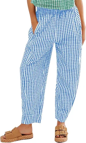 Flygo Girls Plaid Wide Leg Pants Gingham Elastic Waist Trousers Cute Print Bottoms with Slant Pockets