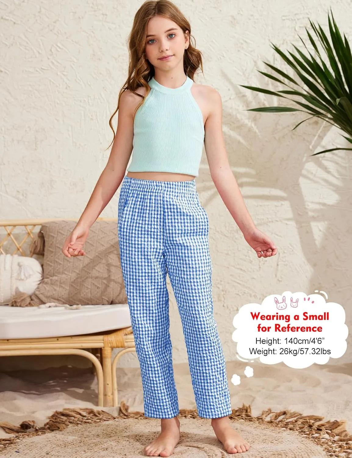 Flygo Girls Plaid Wide Leg Pants Gingham Elastic Waist Trousers Cute Print Bottoms with Slant Pockets