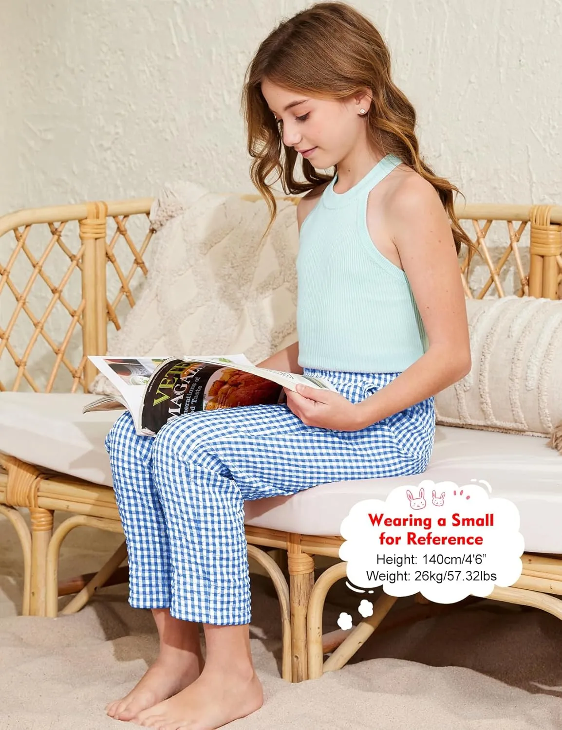 Flygo Girls Plaid Wide Leg Pants Gingham Elastic Waist Trousers Cute Print Bottoms with Slant Pockets