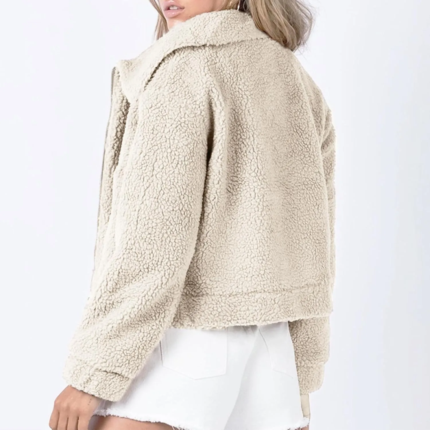 Flygo Womens Cropped Zip Up Lapel Shaggy Teddy Fleece Jacket Faux Fur Coat