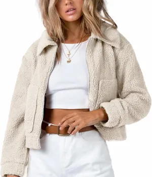 Flygo Womens Cropped Zip Up Lapel Shaggy Teddy Fleece Jacket Faux Fur Coat
