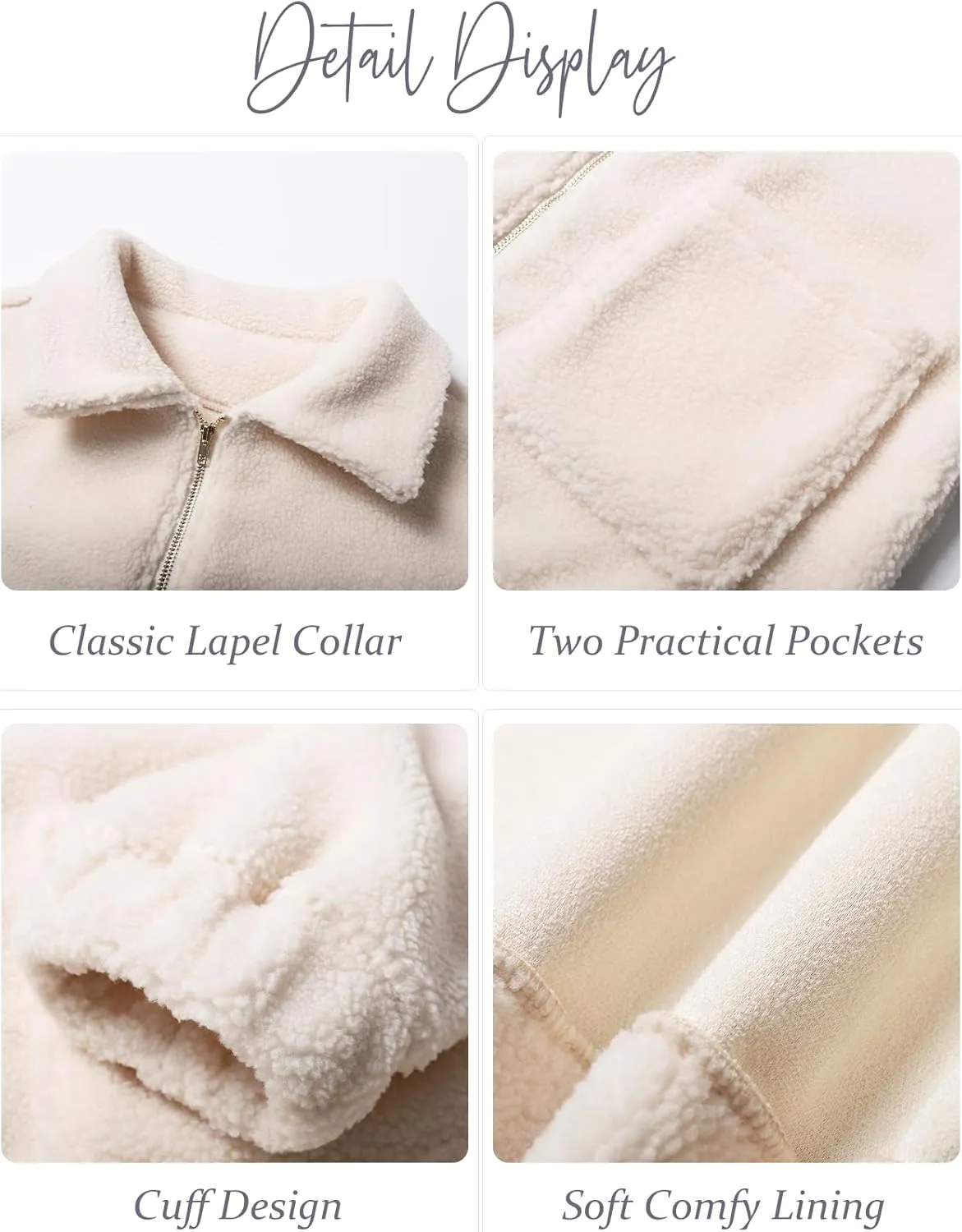 Flygo Womens Cropped Zip Up Lapel Shaggy Teddy Fleece Jacket Faux Fur Coat