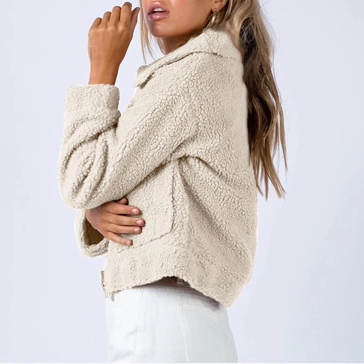 Flygo Womens Cropped Zip Up Lapel Shaggy Teddy Fleece Jacket Faux Fur Coat