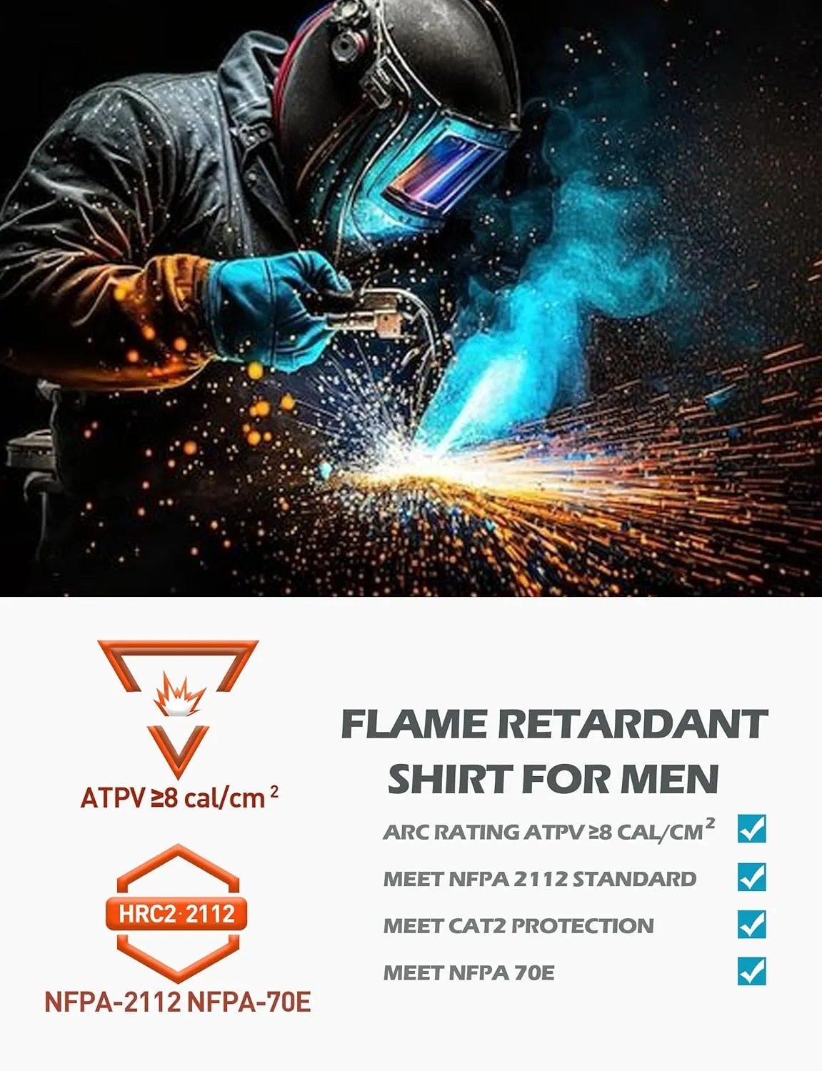 FR Shirts for Men 100% Cotton 5.5oz Lightweight NFPA2112/CAT2 Flame Resistant Shirts for Men Long Sleeve