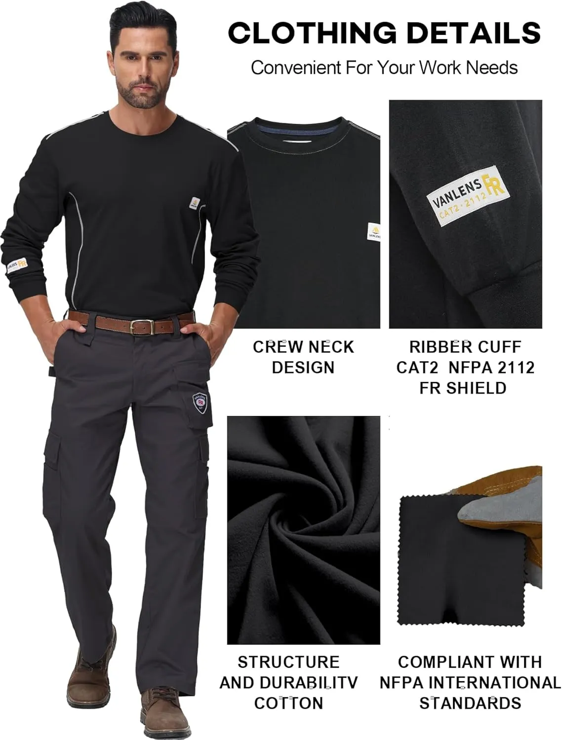 FR Shirts for Men CAT2/HRC2 6.5oz Lightweight Fire Resistant Shirts for Men Long Sleeve Crewneck T-Shirt