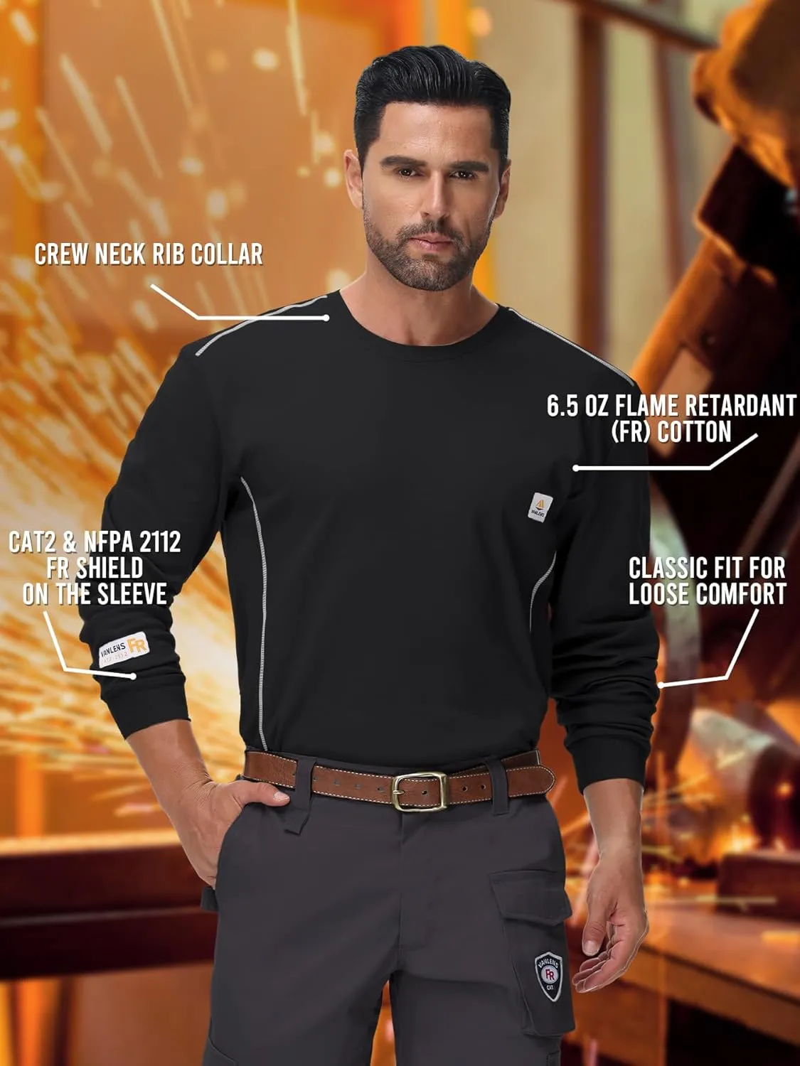 FR Shirts for Men CAT2/HRC2 6.5oz Lightweight Fire Resistant Shirts for Men Long Sleeve Crewneck T-Shirt