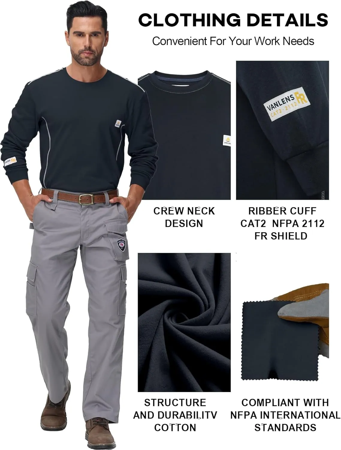 FR Shirts for Men CAT2/HRC2 6.5oz Lightweight Fire Resistant Shirts for Men Long Sleeve Crewneck T-Shirt