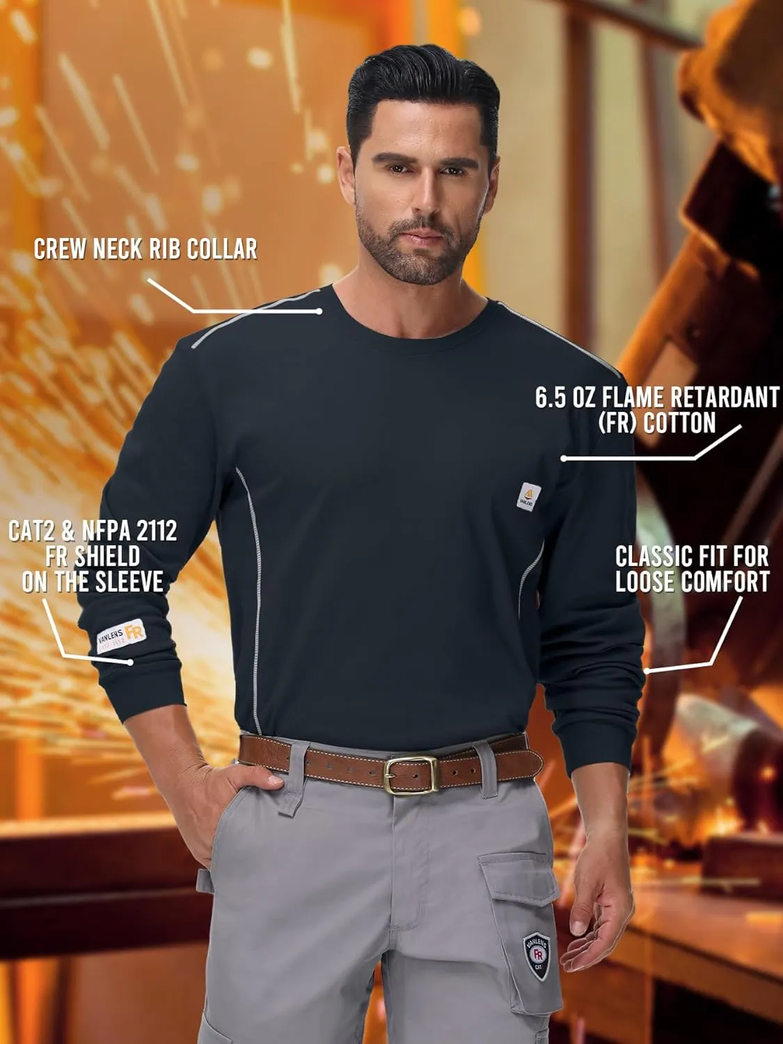 FR Shirts for Men CAT2/HRC2 6.5oz Lightweight Fire Resistant Shirts for Men Long Sleeve Crewneck T-Shirt