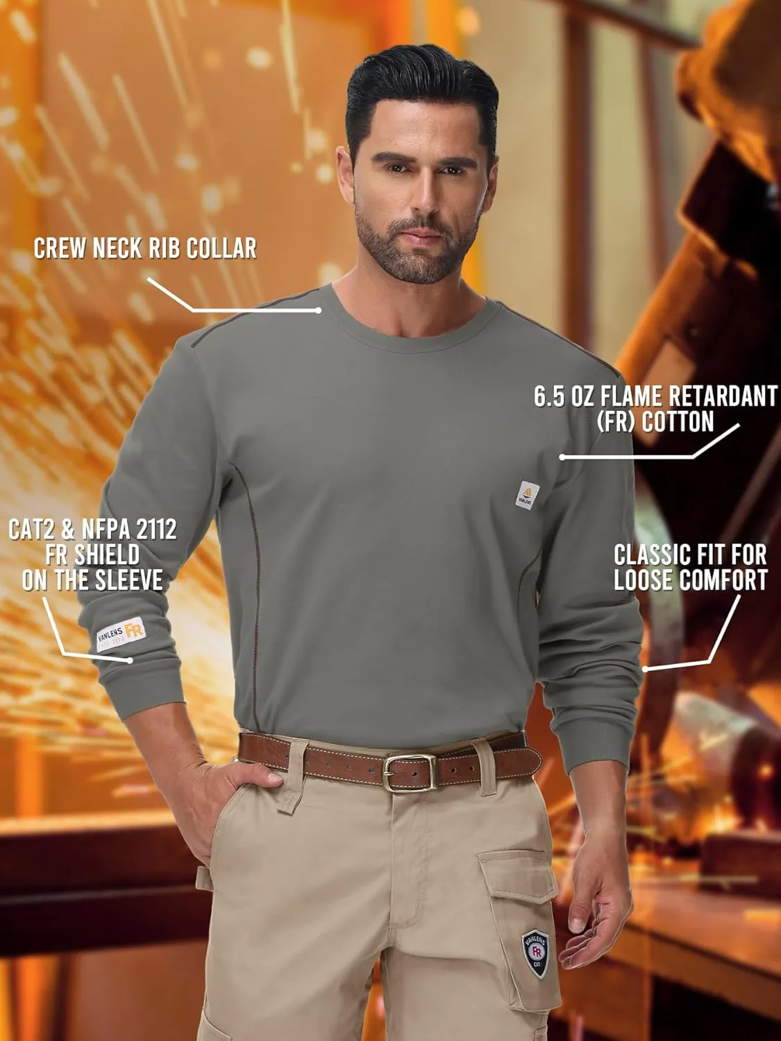 FR Shirts for Men CAT2/HRC2 6.5oz Lightweight Fire Resistant Shirts for Men Long Sleeve Crewneck T-Shirt