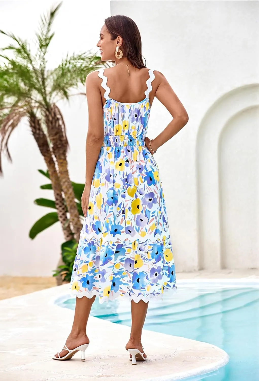 GRACE KARIN Womens 2025 Summer Floral Dress Casual Spaghetti Strap Flowy Outfit RIC Rac Trim Sundress Beach Midi Clothes