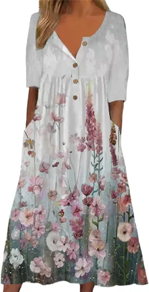 Guteidee Women's Boho Floral Long Sleeve Midi Dress Casual Loose Flowy Vacation Dresses with Pockets
