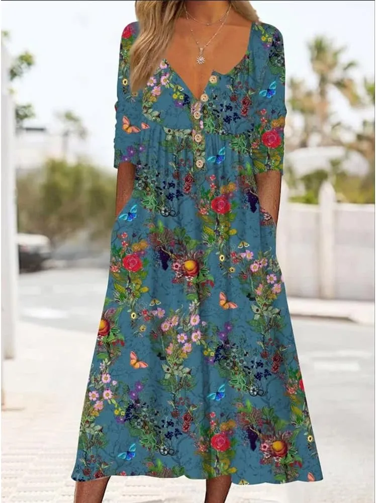 Guteidee Women's Boho Floral Long Sleeve Midi Dress Casual Loose Flowy Vacation Dresses with Pockets