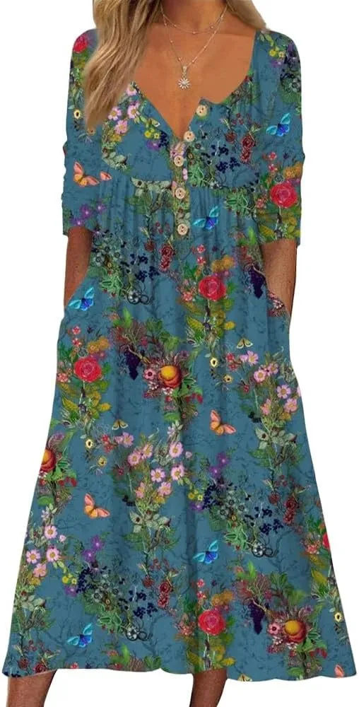 Guteidee Women's Boho Floral Long Sleeve Midi Dress Casual Loose Flowy Vacation Dresses with Pockets