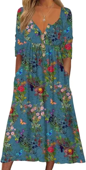 Guteidee Women's Boho Floral Long Sleeve Midi Dress Casual Loose Flowy Vacation Dresses with Pockets