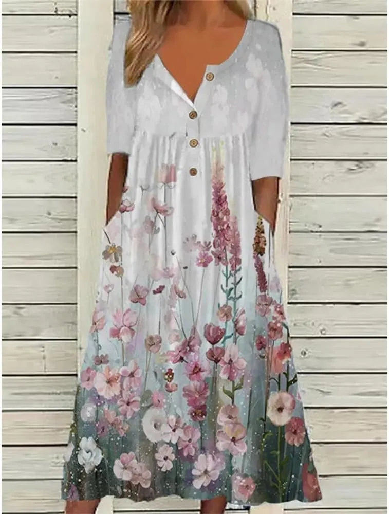 Guteidee Women's Boho Floral Long Sleeve Midi Dress Casual Loose Flowy Vacation Dresses with Pockets