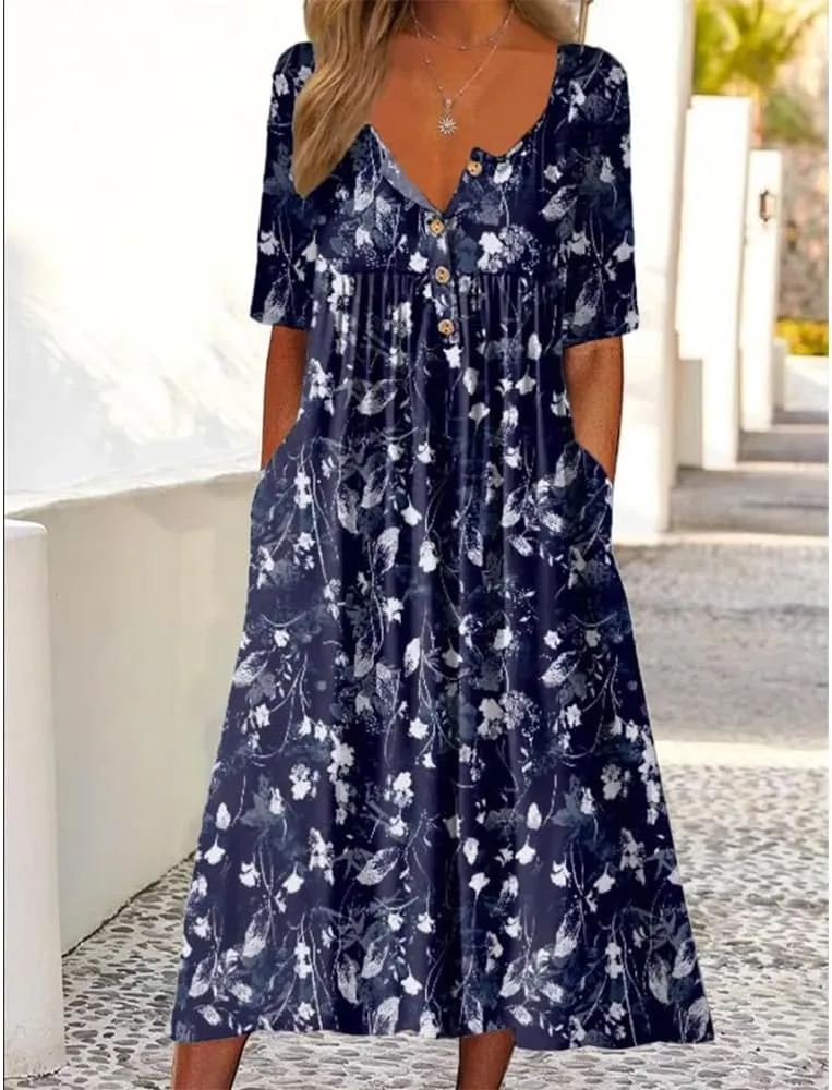 Guteidee Women's Boho Floral Long Sleeve Midi Dress Casual Loose Flowy Vacation Dresses with Pockets
