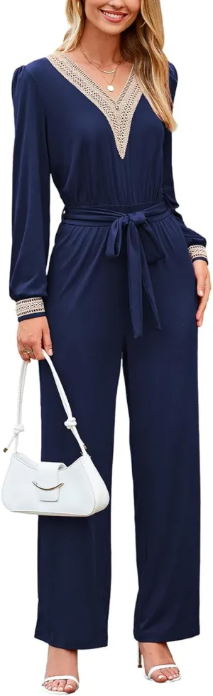 Happy Sailed Dressy Jumpsuits for Women Long Sleeve Lace V Neck High Waist Wide Leg Pants Romper with Belt Fashion Outfits