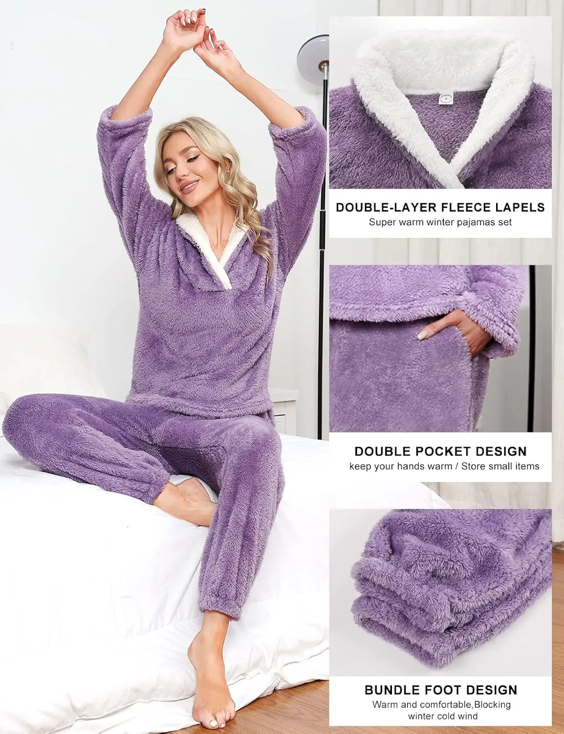 HEEKPEK Fuzzy Pajamas Set for Women Winter Warm Fluffy Loungewear Soft Fleece Pj Pants 2 Piece Plush Sleepwear Lounge Tops