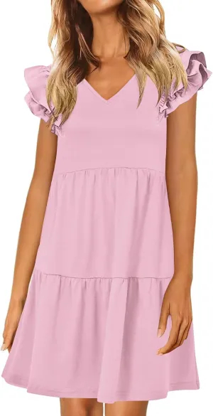hlysgo Womens Babydoll Dresses 2025 Summer Ruffled Sleeve V Neck Mini Dress Casual Loose Fit Knee Length Tiered Beach Dress