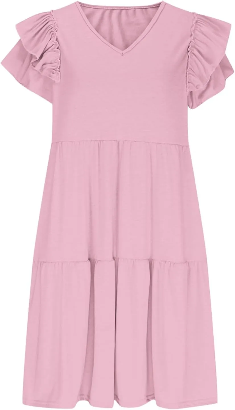 hlysgo Womens Babydoll Dresses 2025 Summer Ruffled Sleeve V Neck Mini Dress Casual Loose Fit Knee Length Tiered Beach Dress