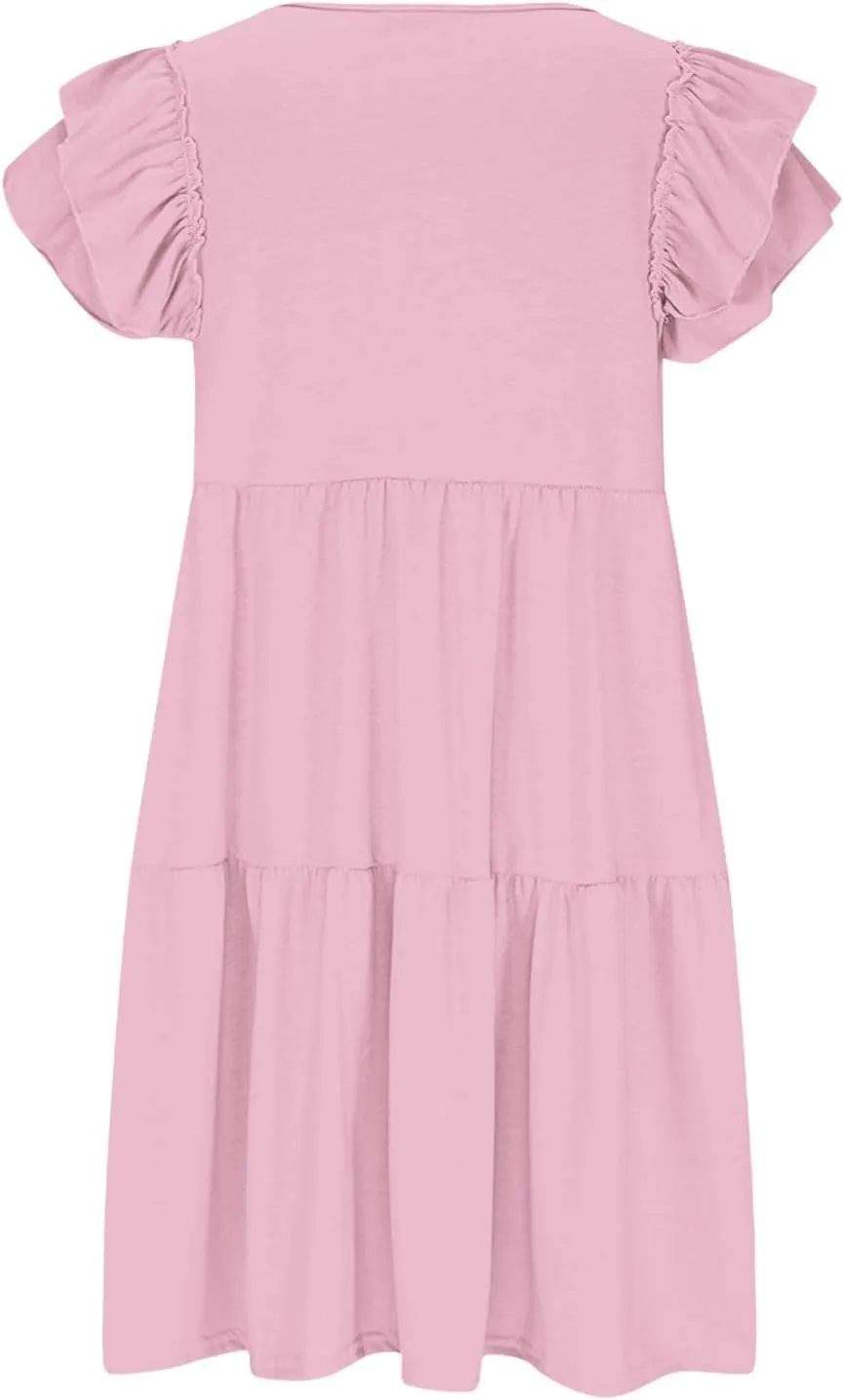 hlysgo Womens Babydoll Dresses 2025 Summer Ruffled Sleeve V Neck Mini Dress Casual Loose Fit Knee Length Tiered Beach Dress
