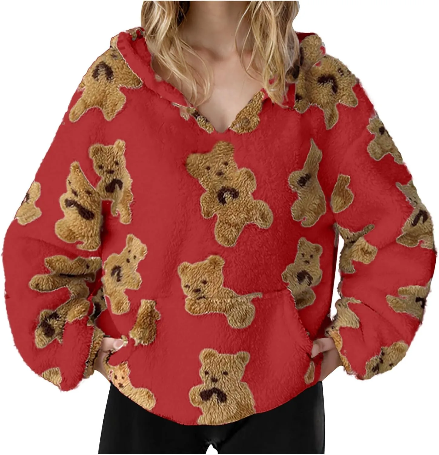 Hoodies For Teen Girls Oversized Sherpa Hoodie Women Fuzzy Fleece Hooded Sweatshirt Cute Teddy Bear Print Pullover Tops