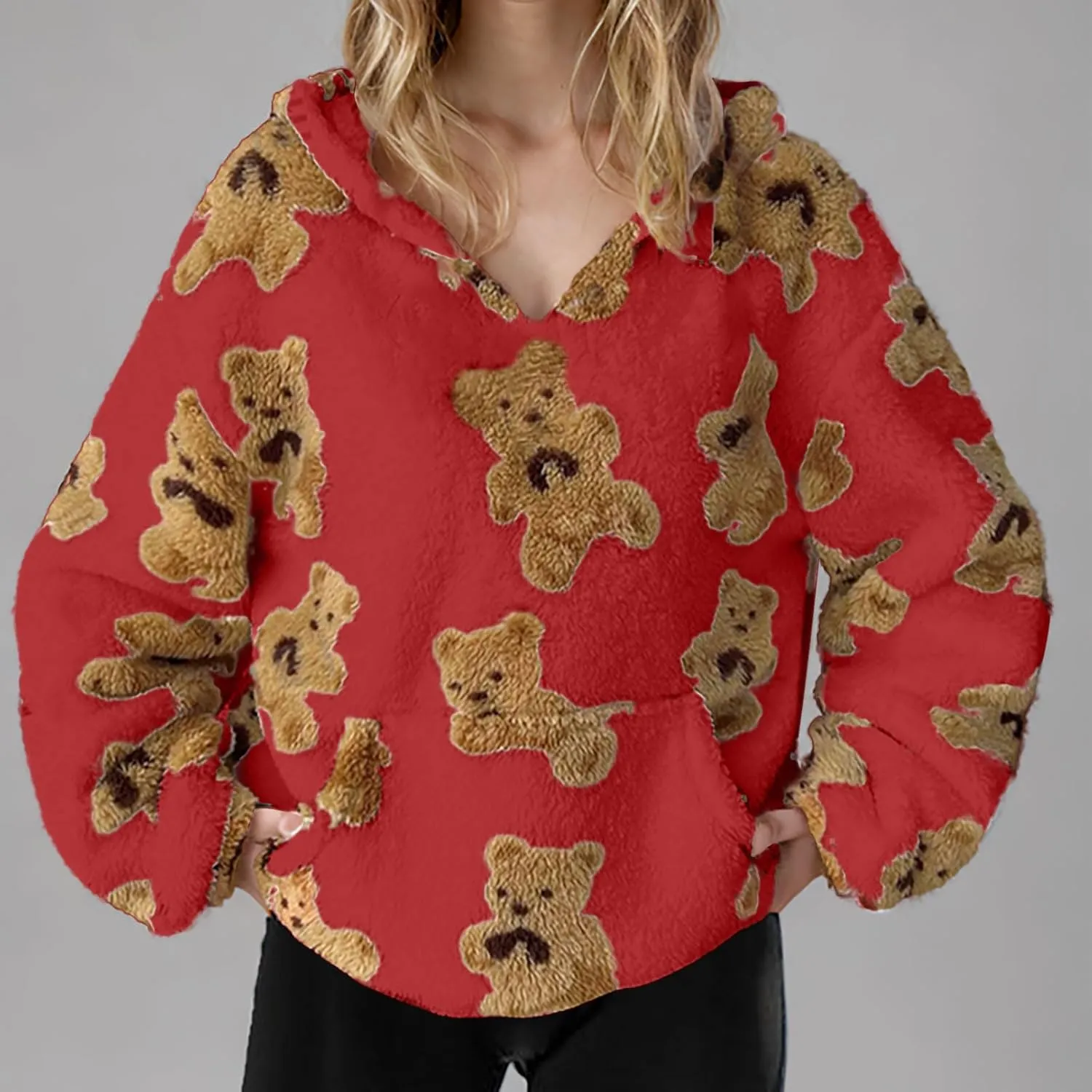 Hoodies For Teen Girls Oversized Sherpa Hoodie Women Fuzzy Fleece Hooded Sweatshirt Cute Teddy Bear Print Pullover Tops