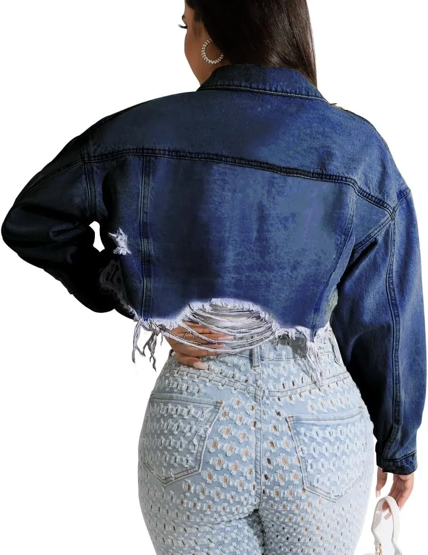 HTD Women's Cropped Jean Jacket Button Up Long Sleeve Ripped Distressed Denim Jacket Frayed Hem