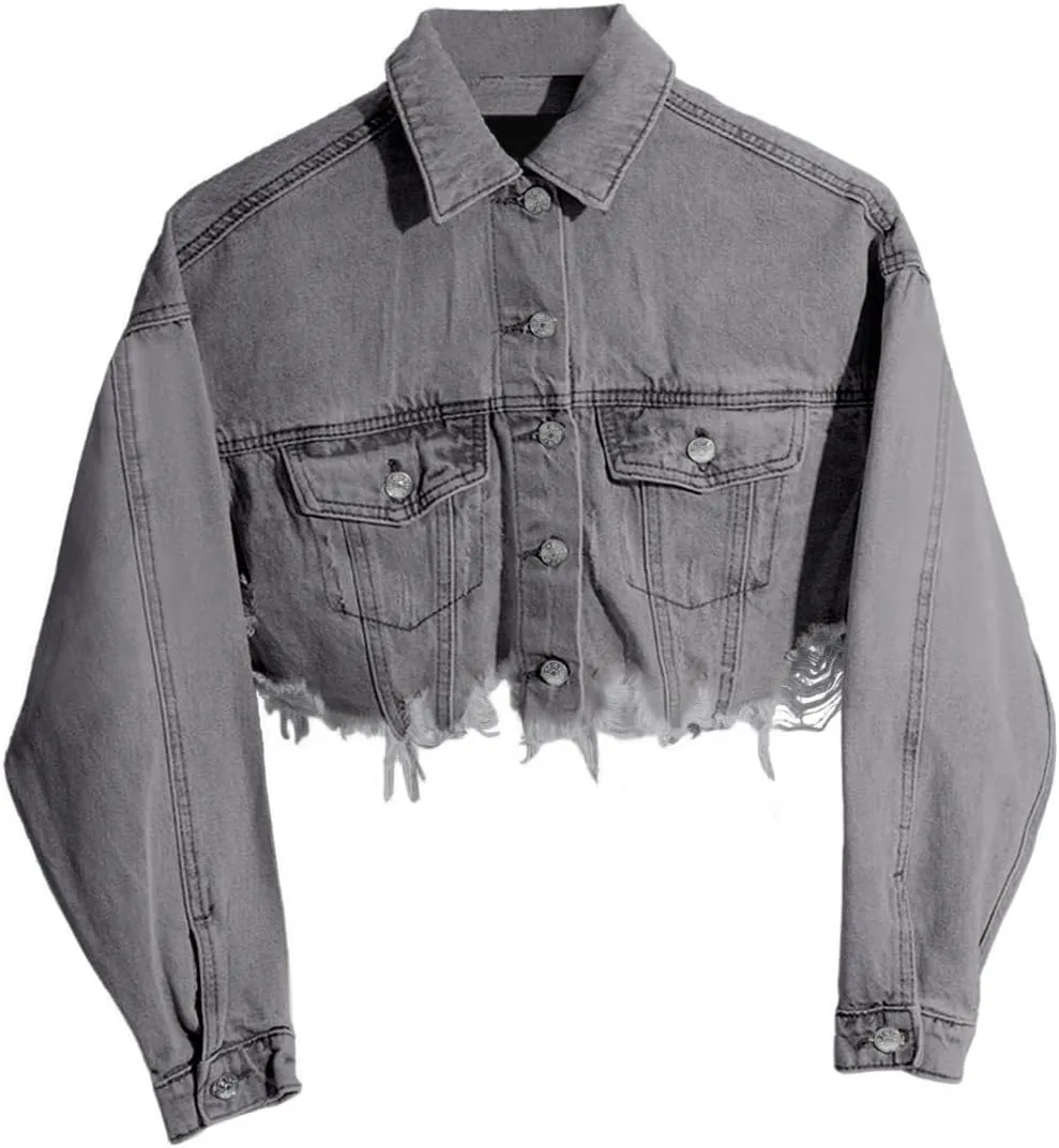 HTD Women's Cropped Jean Jacket Button Up Long Sleeve Ripped Distressed Denim Jacket Frayed Hem