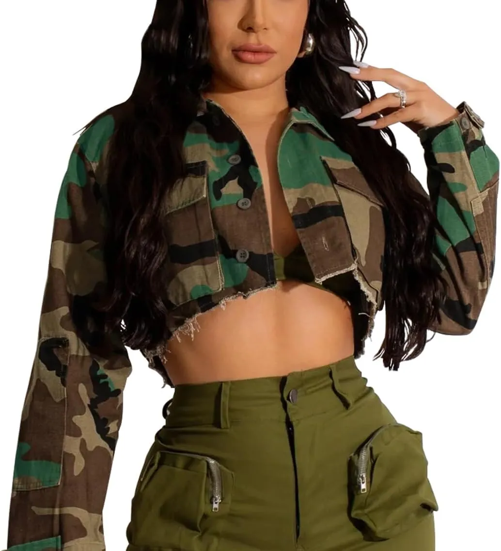 HTD Women's Cropped Jean Jacket Button Up Long Sleeve Ripped Distressed Denim Jacket Frayed Hem