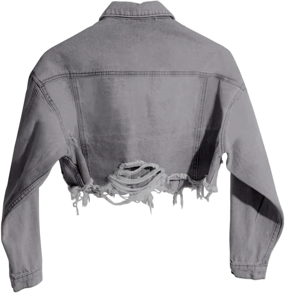 HTD Women's Cropped Jean Jacket Button Up Long Sleeve Ripped Distressed Denim Jacket Frayed Hem