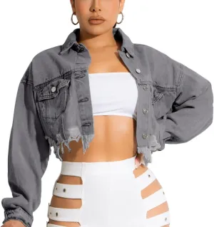 HTD Women's Cropped Jean Jacket Button Up Long Sleeve Ripped Distressed Denim Jacket Frayed Hem