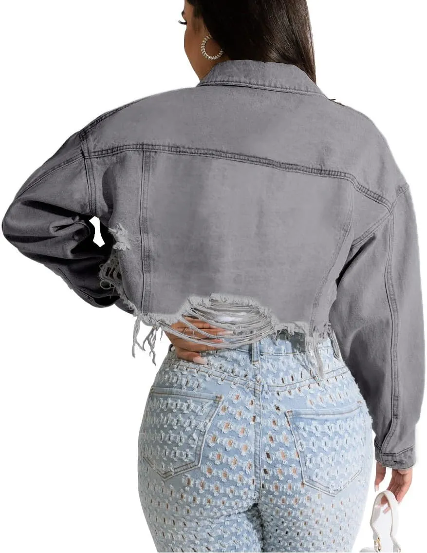 HTD Women's Cropped Jean Jacket Button Up Long Sleeve Ripped Distressed Denim Jacket Frayed Hem
