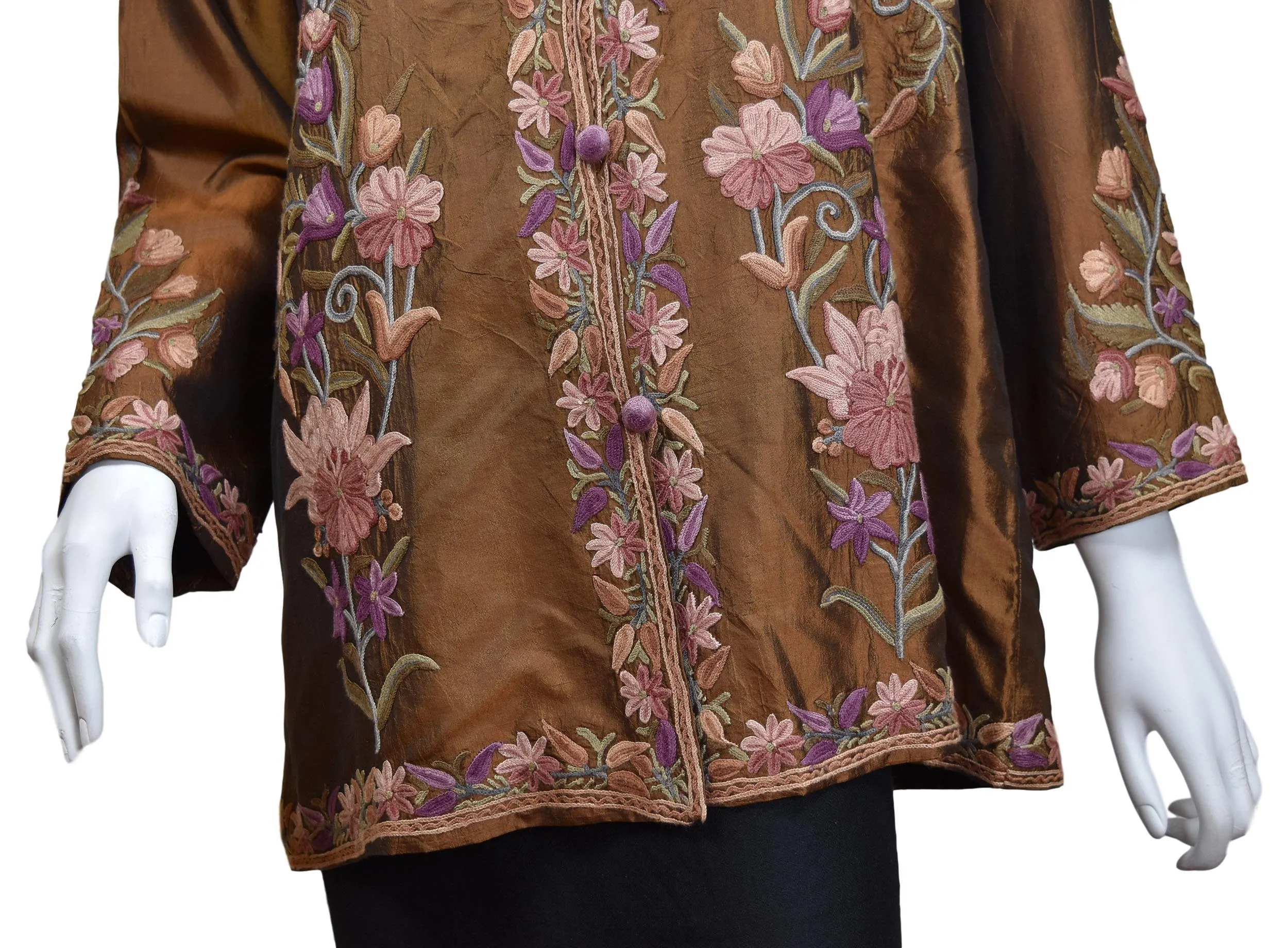 Irina Brown Silk Dinner Jacket Evening Dress Coat Floral Hand Embroidered Kashmir