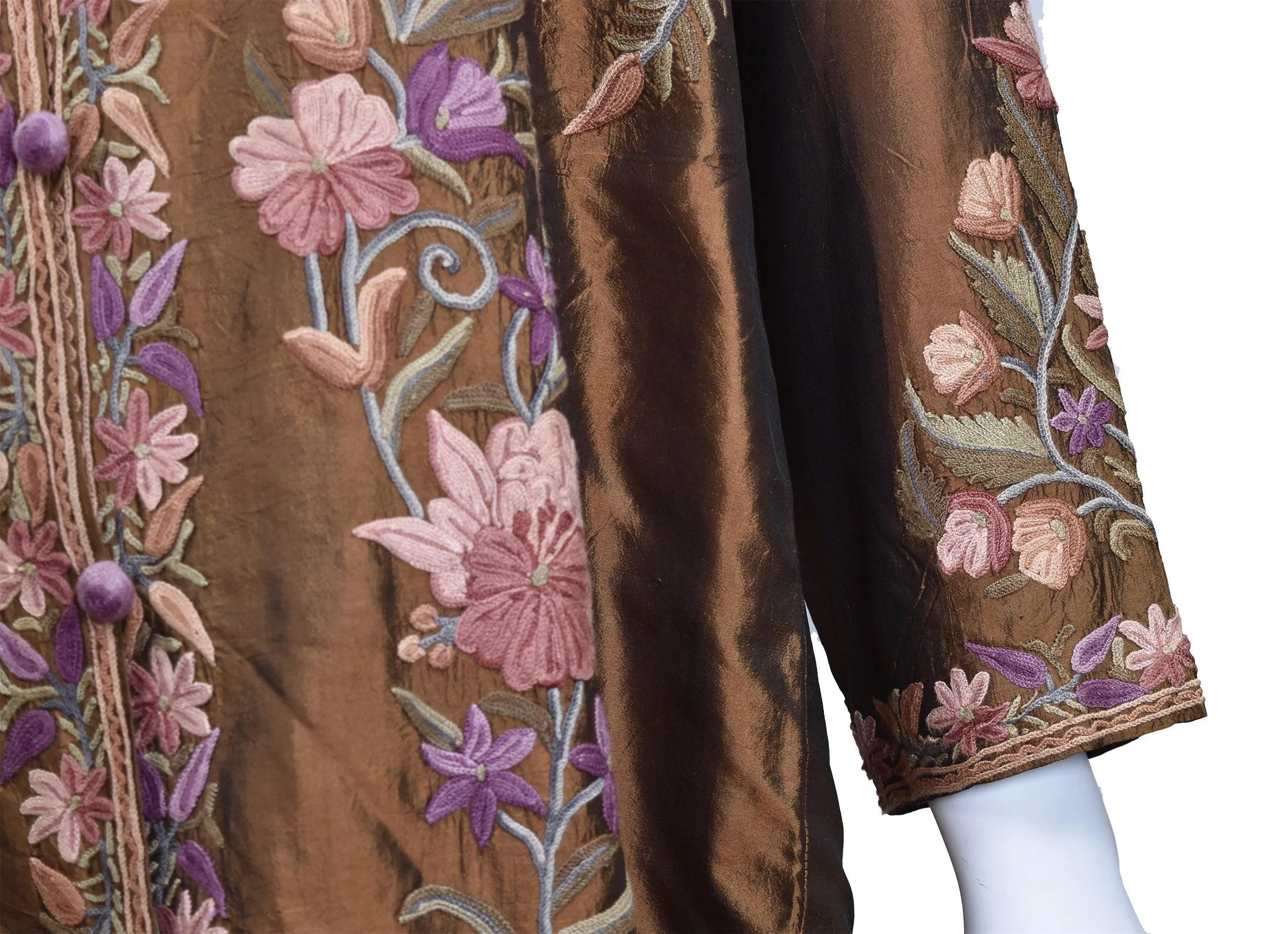 Irina Brown Silk Dinner Jacket Evening Dress Coat Floral Hand Embroidered Kashmir