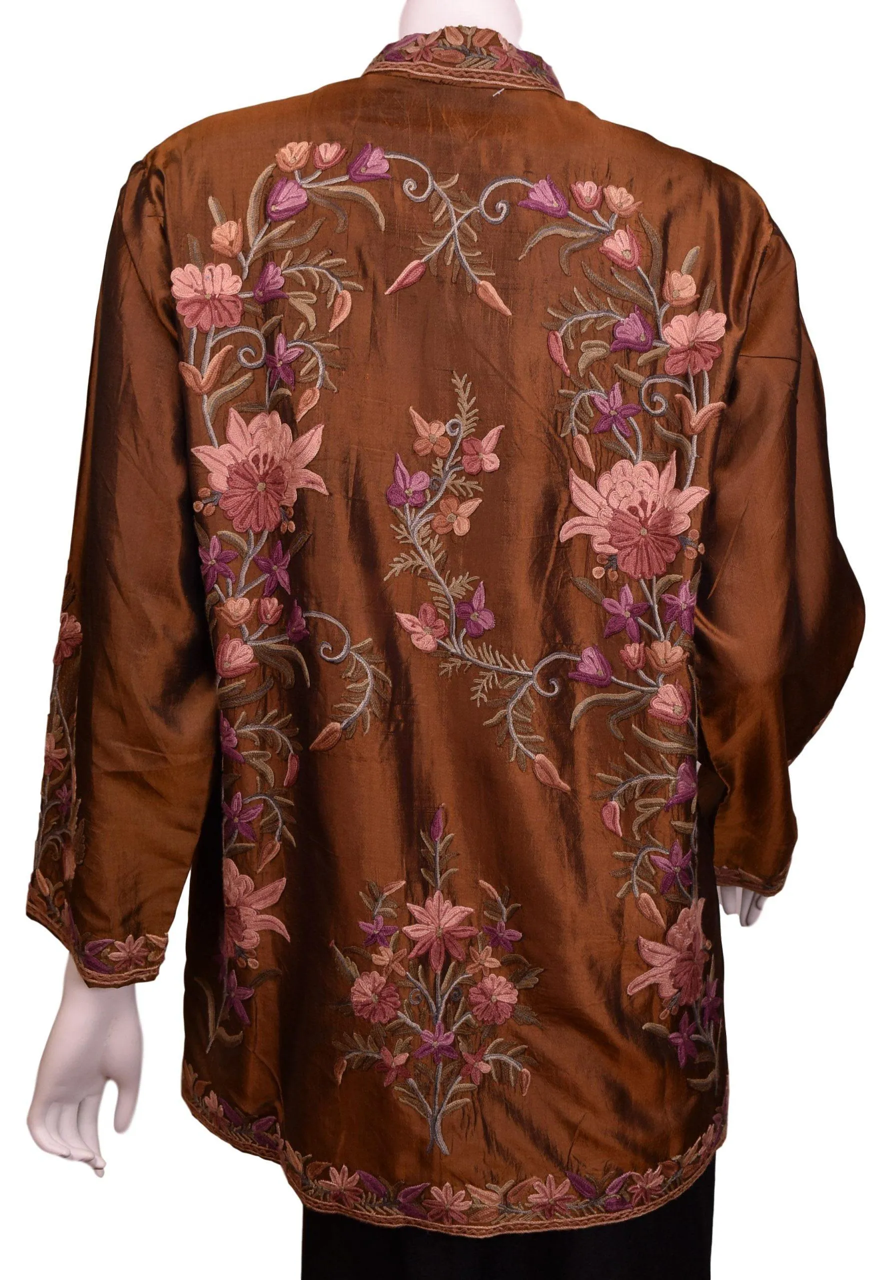 Irina Brown Silk Dinner Jacket Evening Dress Coat Floral Hand Embroidered Kashmir