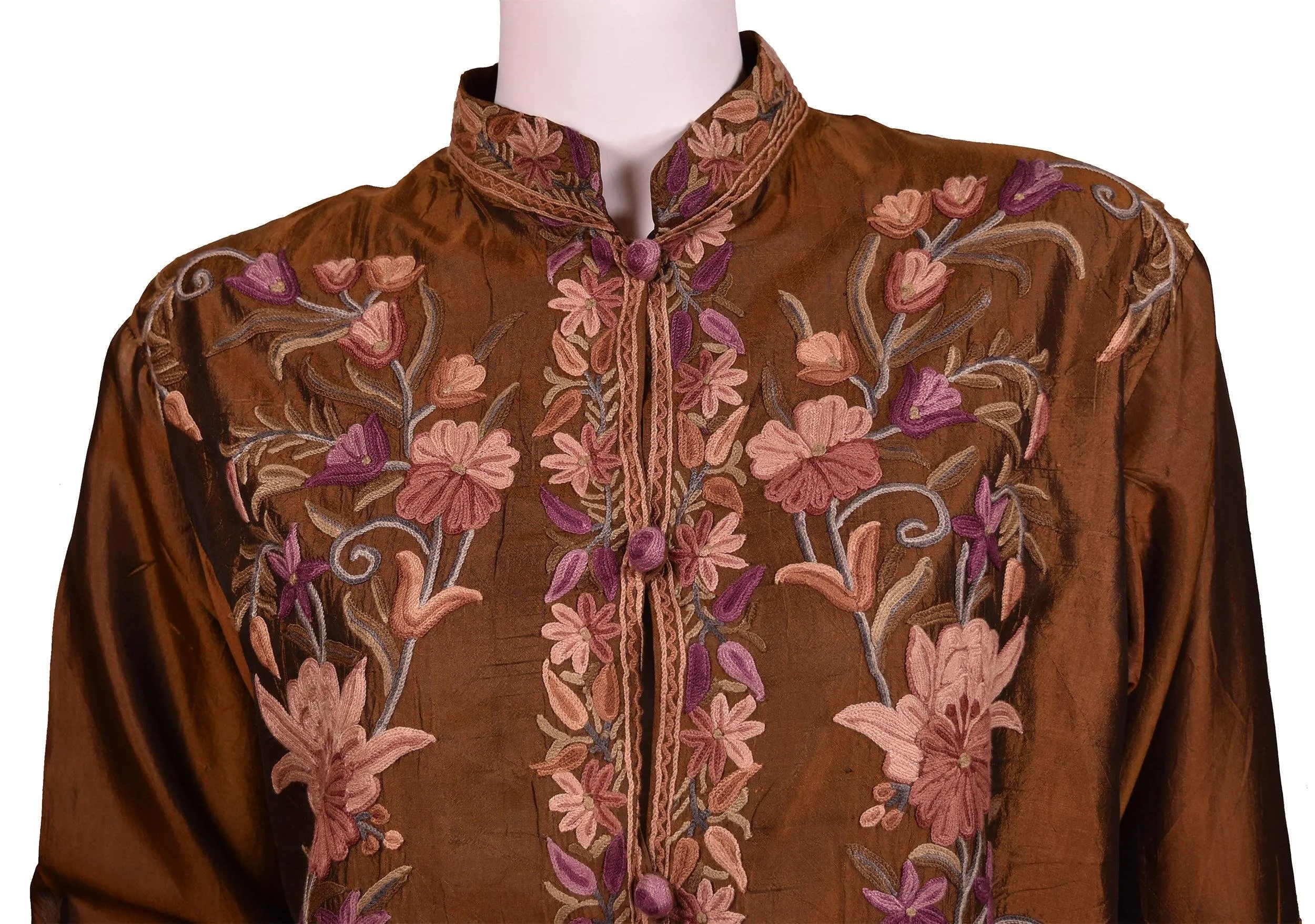 Irina Brown Silk Dinner Jacket Evening Dress Coat Floral Hand Embroidered Kashmir