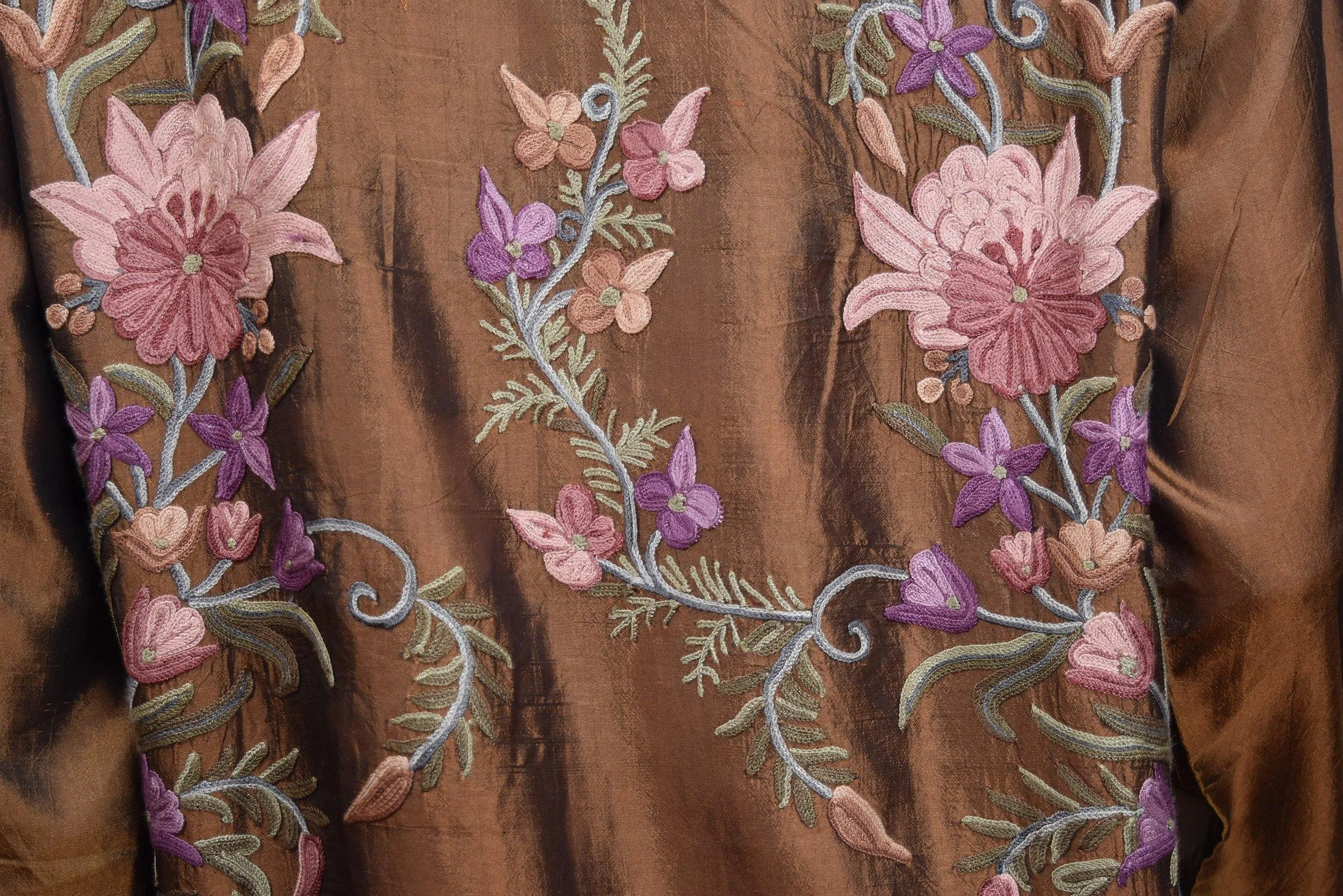 Irina Brown Silk Dinner Jacket Evening Dress Coat Floral Hand Embroidered Kashmir