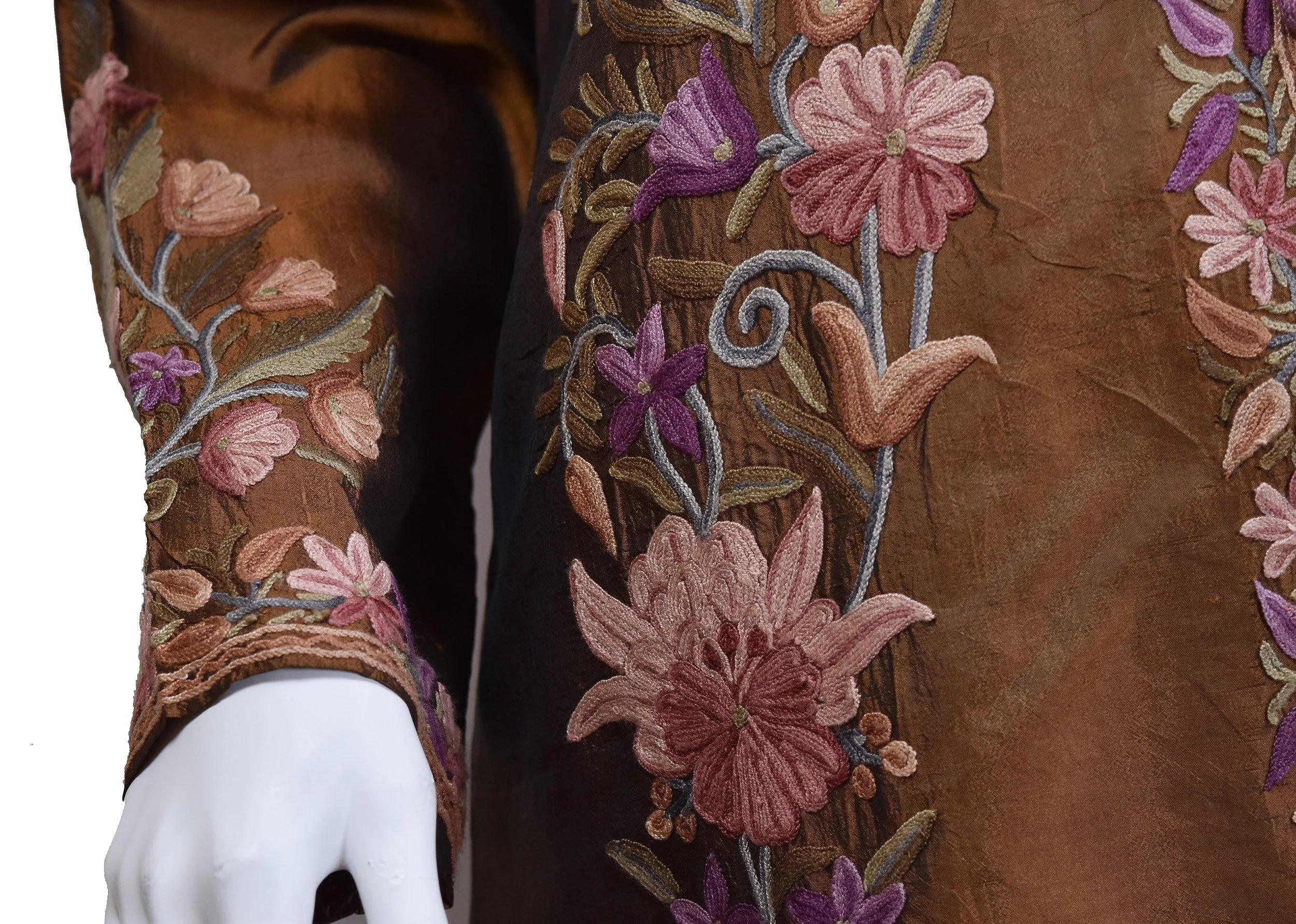 Irina Brown Silk Dinner Jacket Evening Dress Coat Floral Hand Embroidered Kashmir