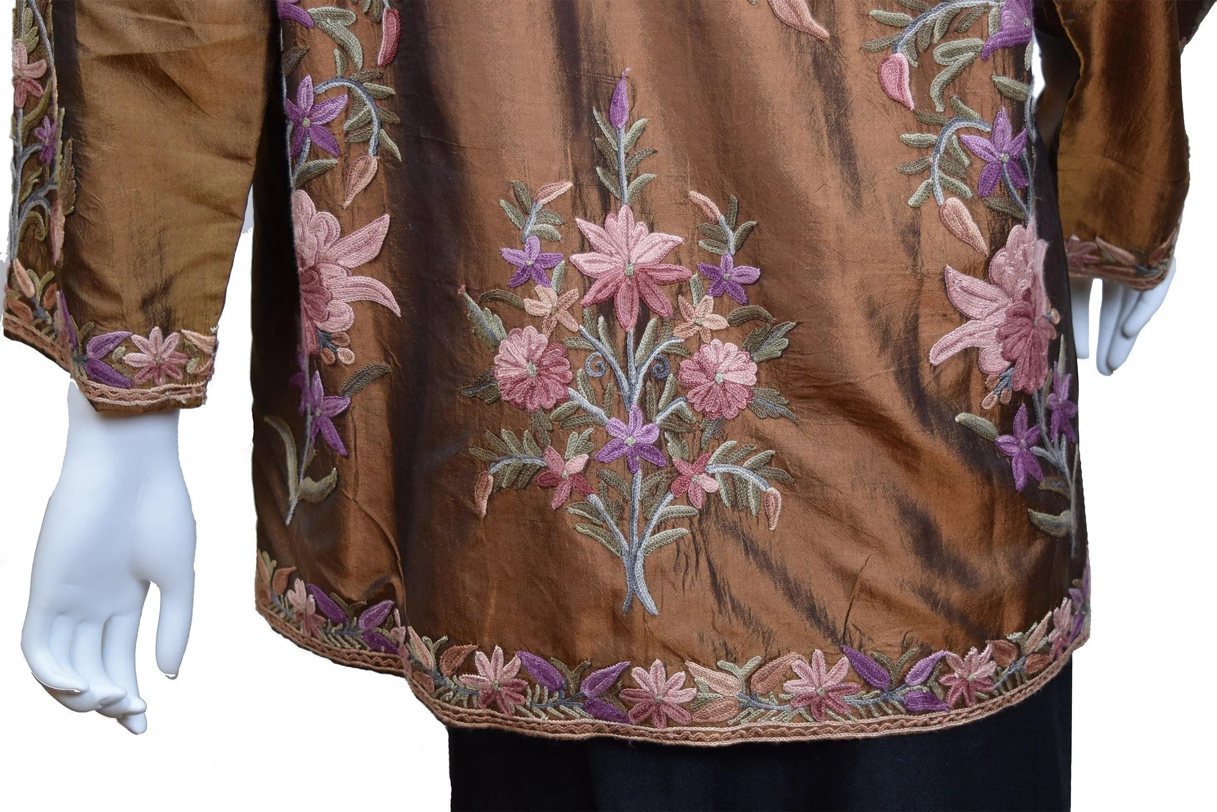 Irina Brown Silk Dinner Jacket Evening Dress Coat Floral Hand Embroidered Kashmir