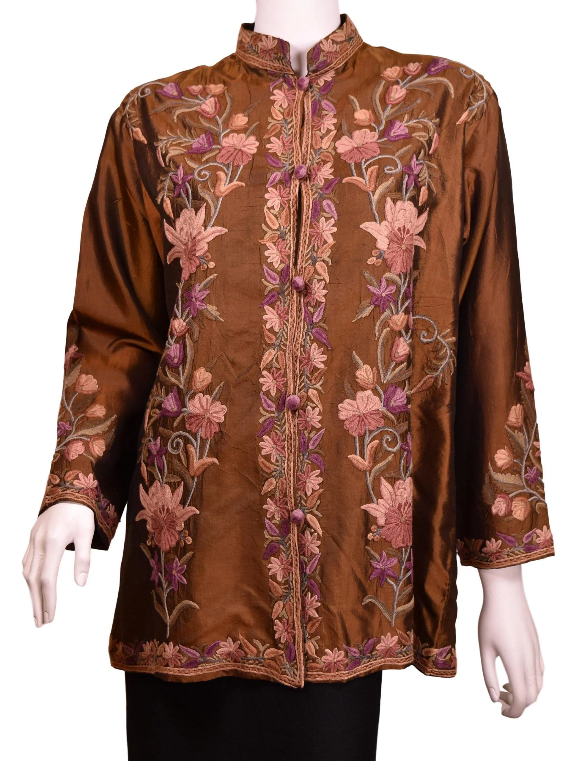Irina Brown Silk Dinner Jacket Evening Dress Coat Floral Hand Embroidered Kashmir