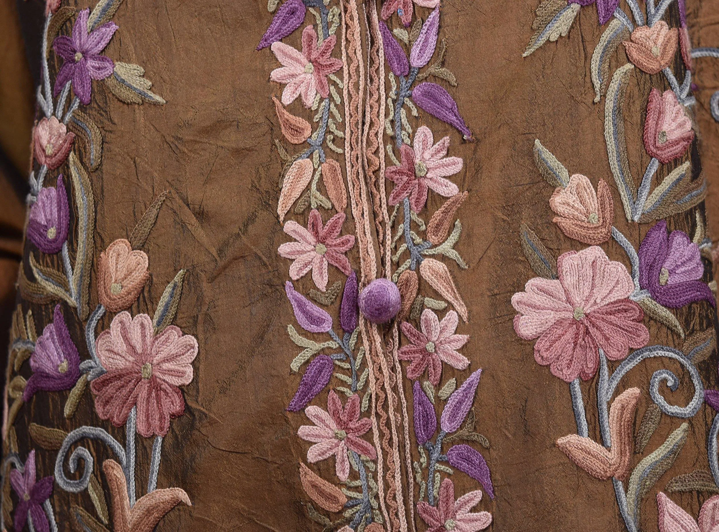 Irina Brown Silk Dinner Jacket Evening Dress Coat Floral Hand Embroidered Kashmir
