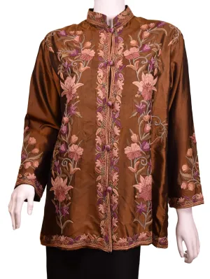 Irina Brown Silk Dinner Jacket Evening Dress Coat Floral Hand Embroidered Kashmir